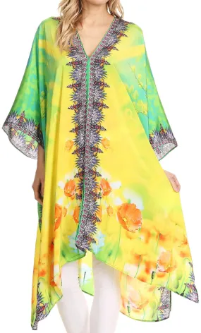 Sakkas Libra Mid Length Caftan Dress / Cover Up With Tribal Print / Rhinestones