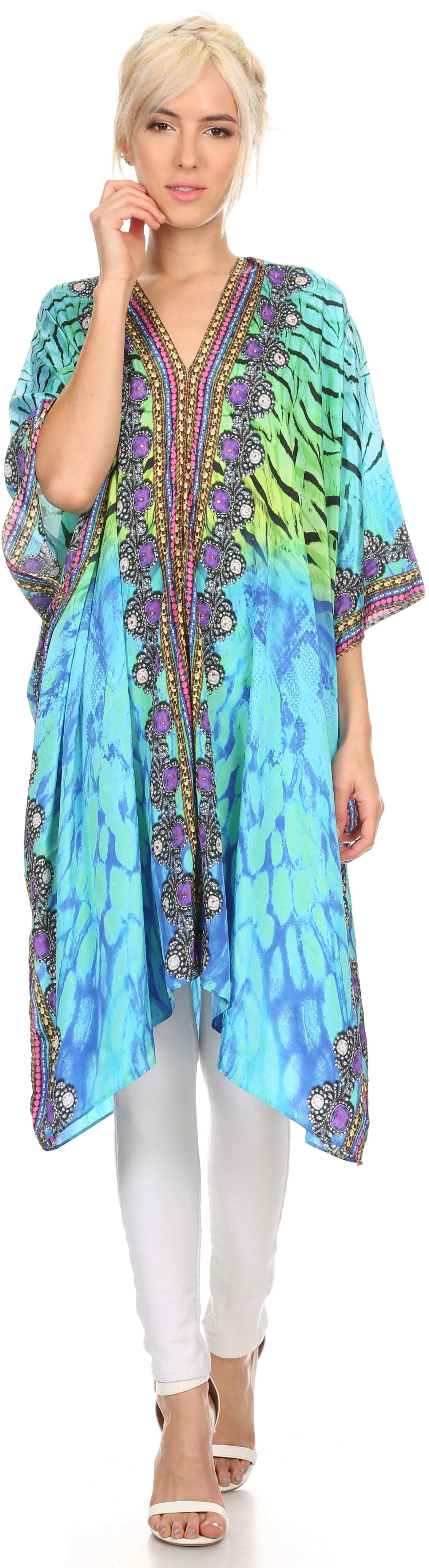 Sakkas Libra Mid Length Caftan Dress / Cover Up With Tribal Print / Rhinestones