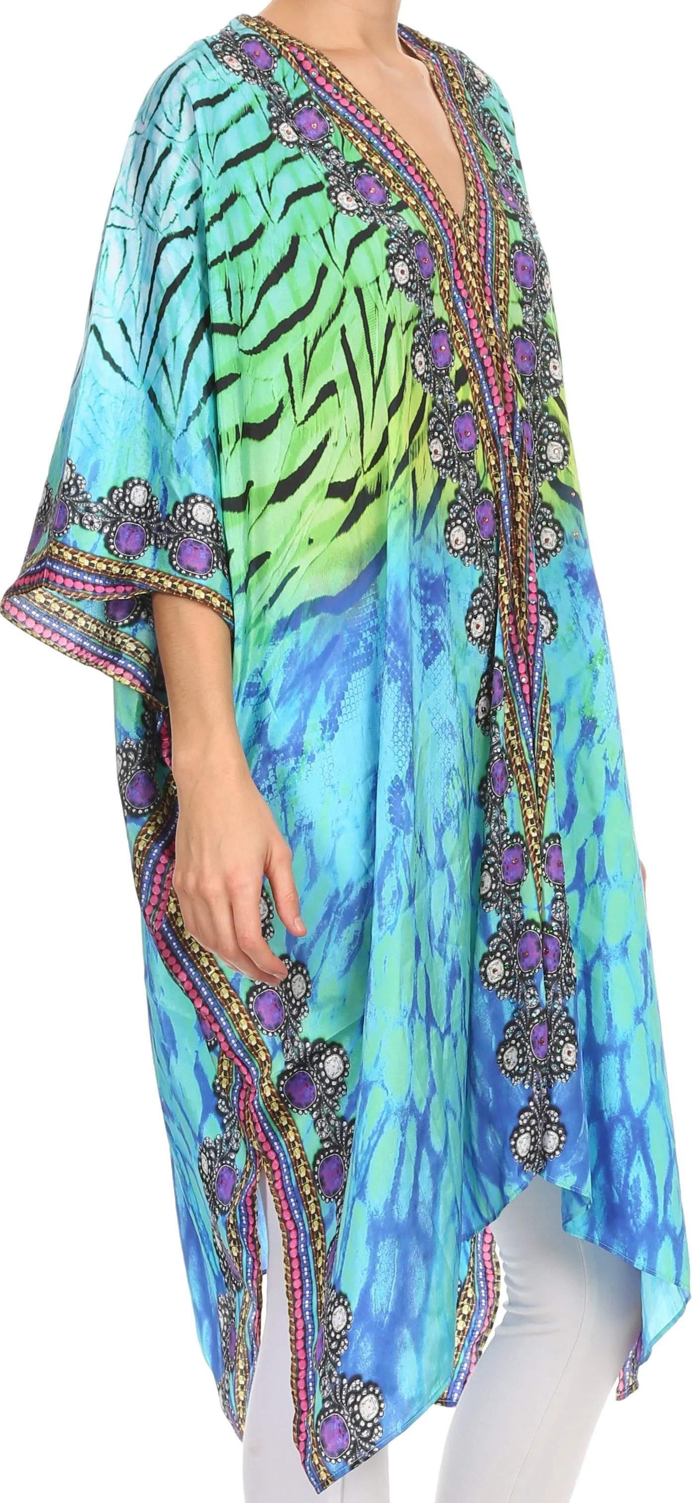 Sakkas Libra Mid Length Caftan Dress / Cover Up With Tribal Print / Rhinestones