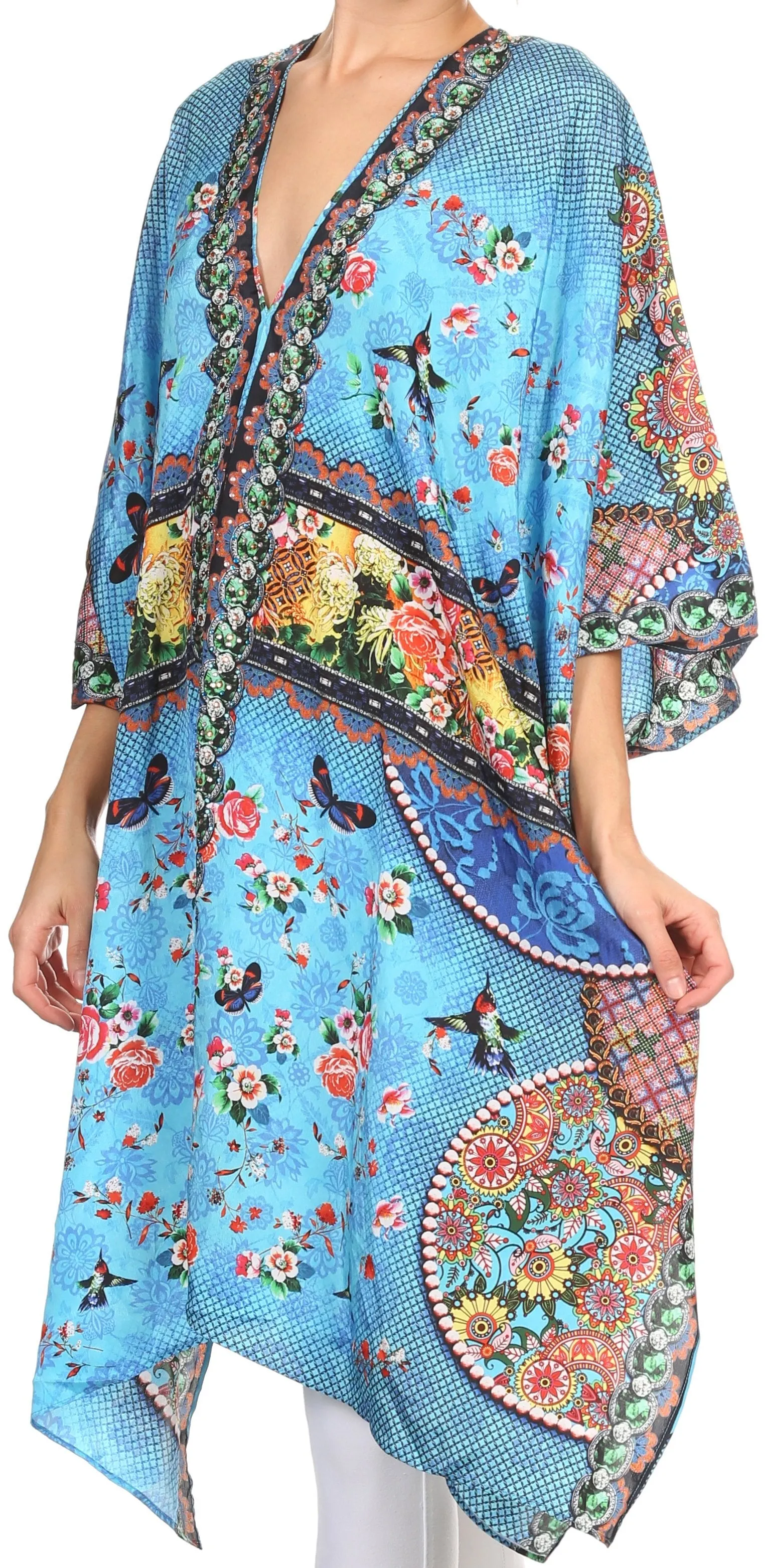 Sakkas Libra Mid Length Caftan Dress / Cover Up With Tribal Print / Rhinestones