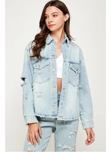 Shaina Oversized Distressed Denim Collared Shacket