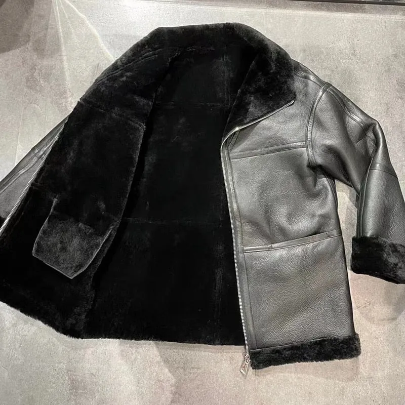 Sheepskin And Fur Long Sleeves Leather Jacket