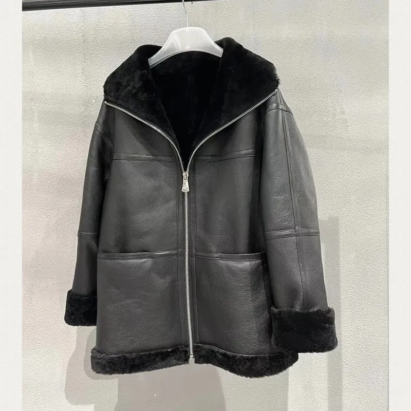 Sheepskin And Fur Long Sleeves Leather Jacket