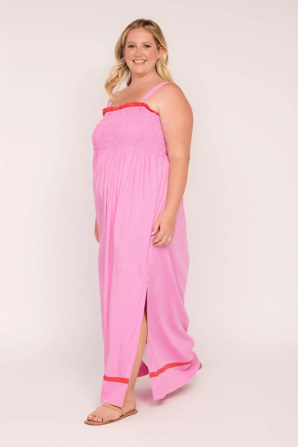 Sherry Shirred Strapless Maxi Dress in Blushing Berries