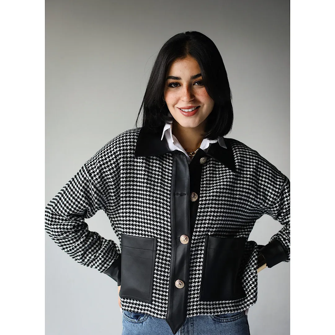 Short houndstooth & leather shirt