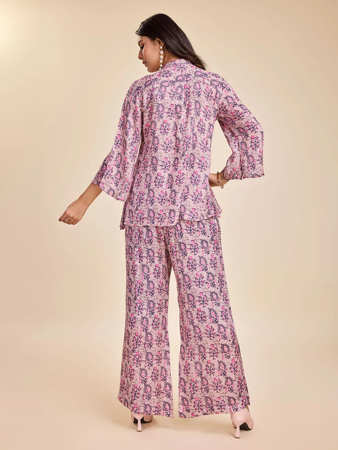 stylish floral printed shirt with long cuff sleeves and round tie-up embellished neck & a mid-rise flared pants coord set in Modal Satin - Pink