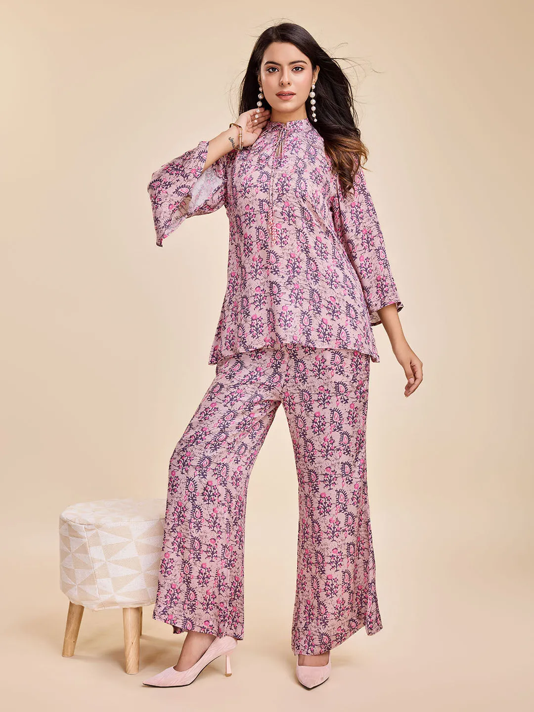 stylish floral printed shirt with long cuff sleeves and round tie-up embellished neck & a mid-rise flared pants coord set in Modal Satin - Pink