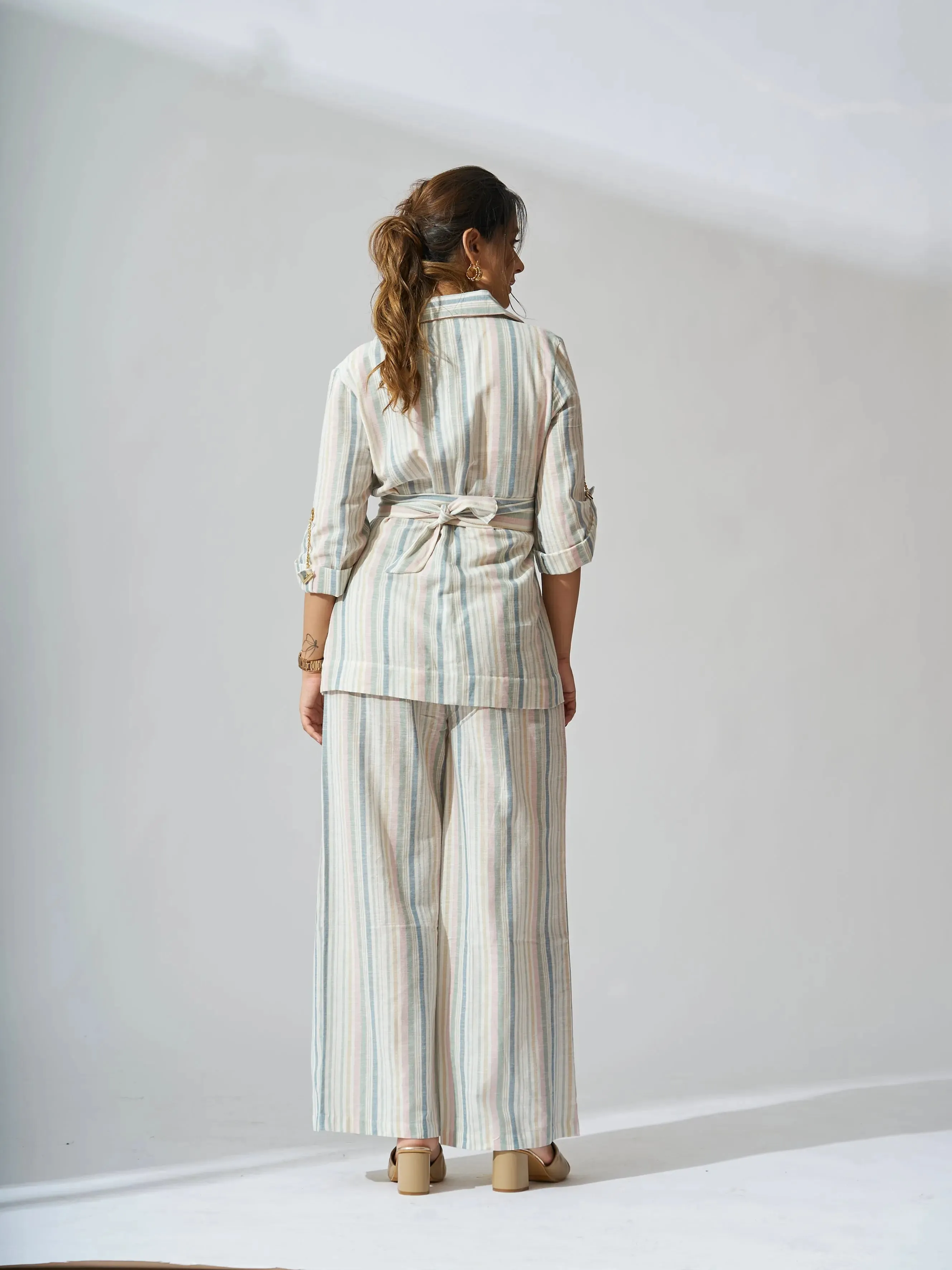 Sunset Striped Linen Blazer with Flared Pants