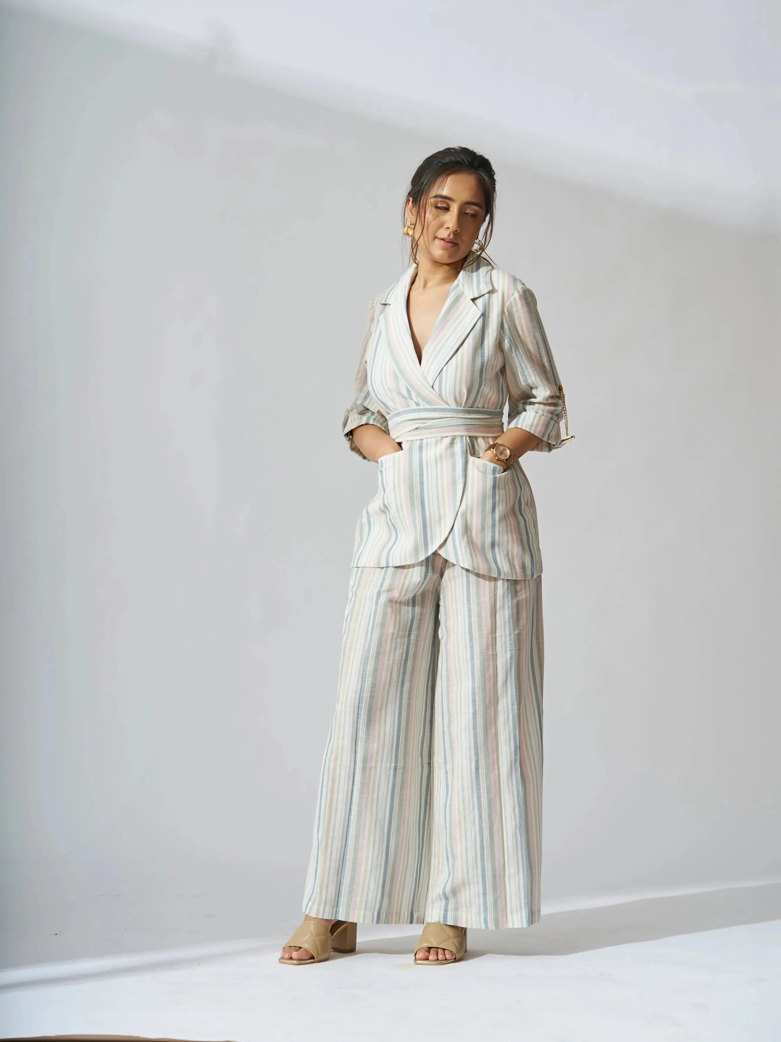 Sunset Striped Linen Blazer with Flared Pants