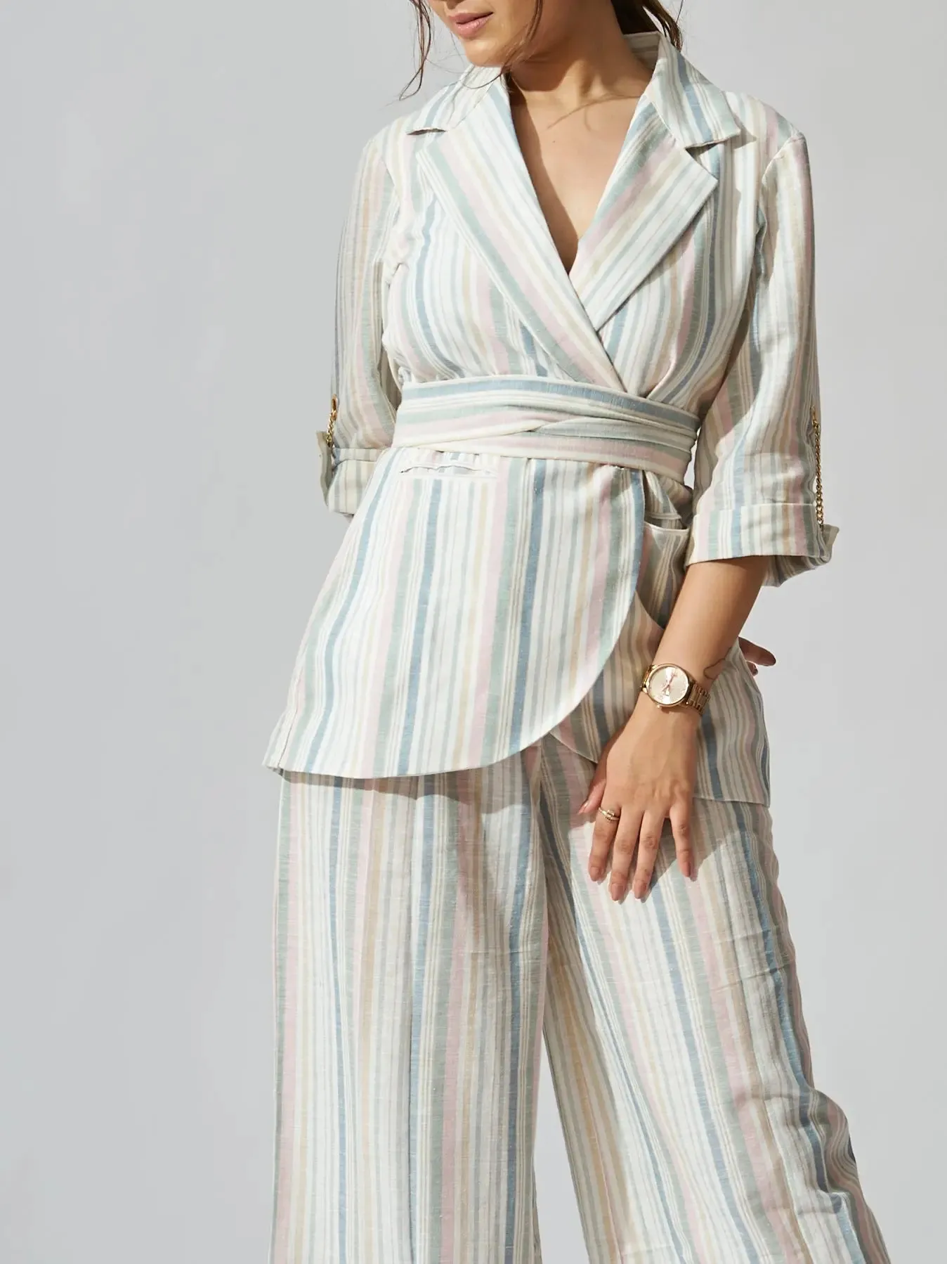 Sunset Striped Linen Blazer with Flared Pants