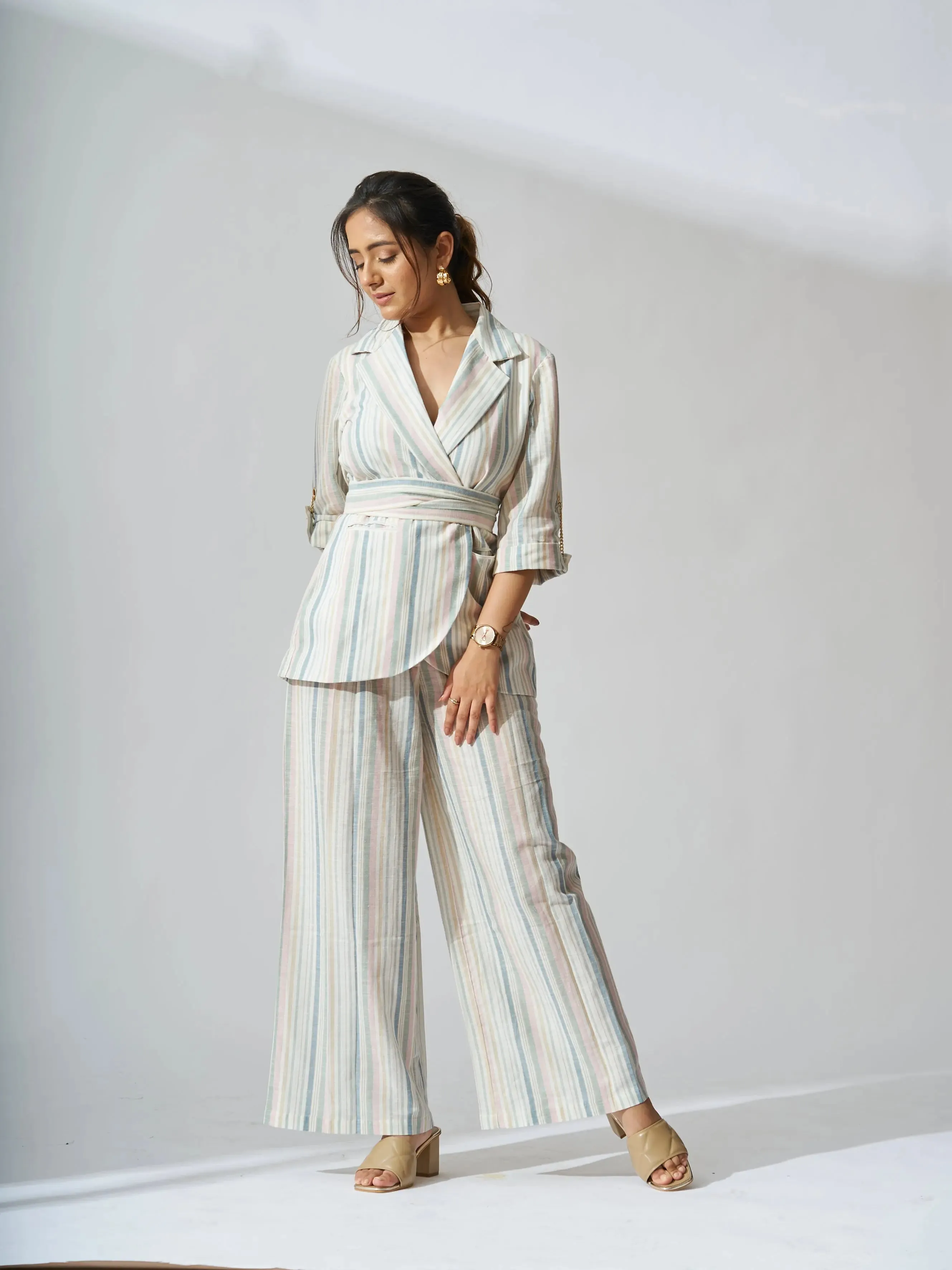 Sunset Striped Linen Blazer with Flared Pants