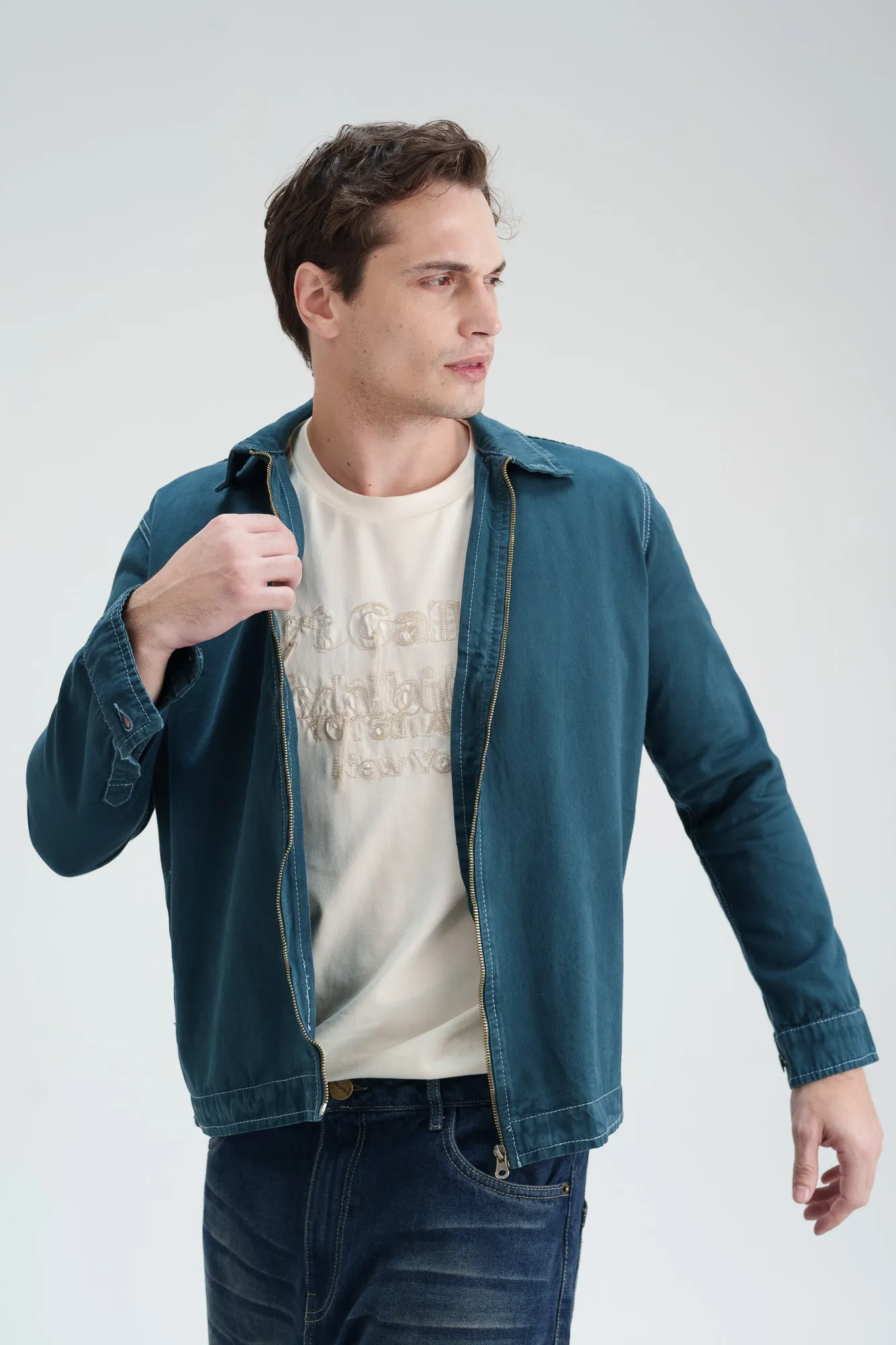 Teal Blue Contrast Men's Zip-Up Shacket