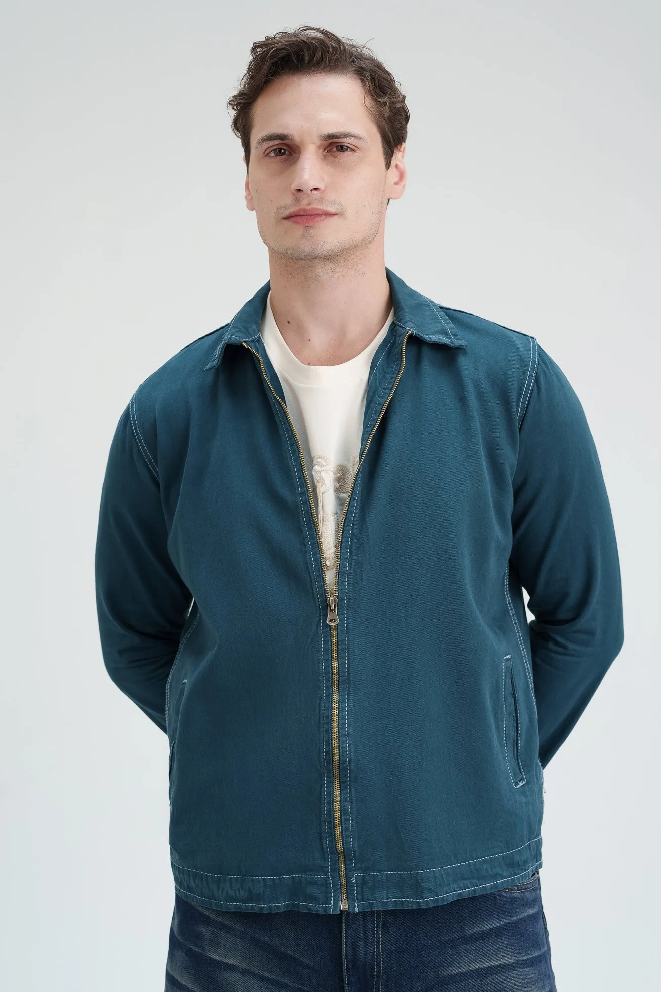 Teal Blue Contrast Men's Zip-Up Shacket