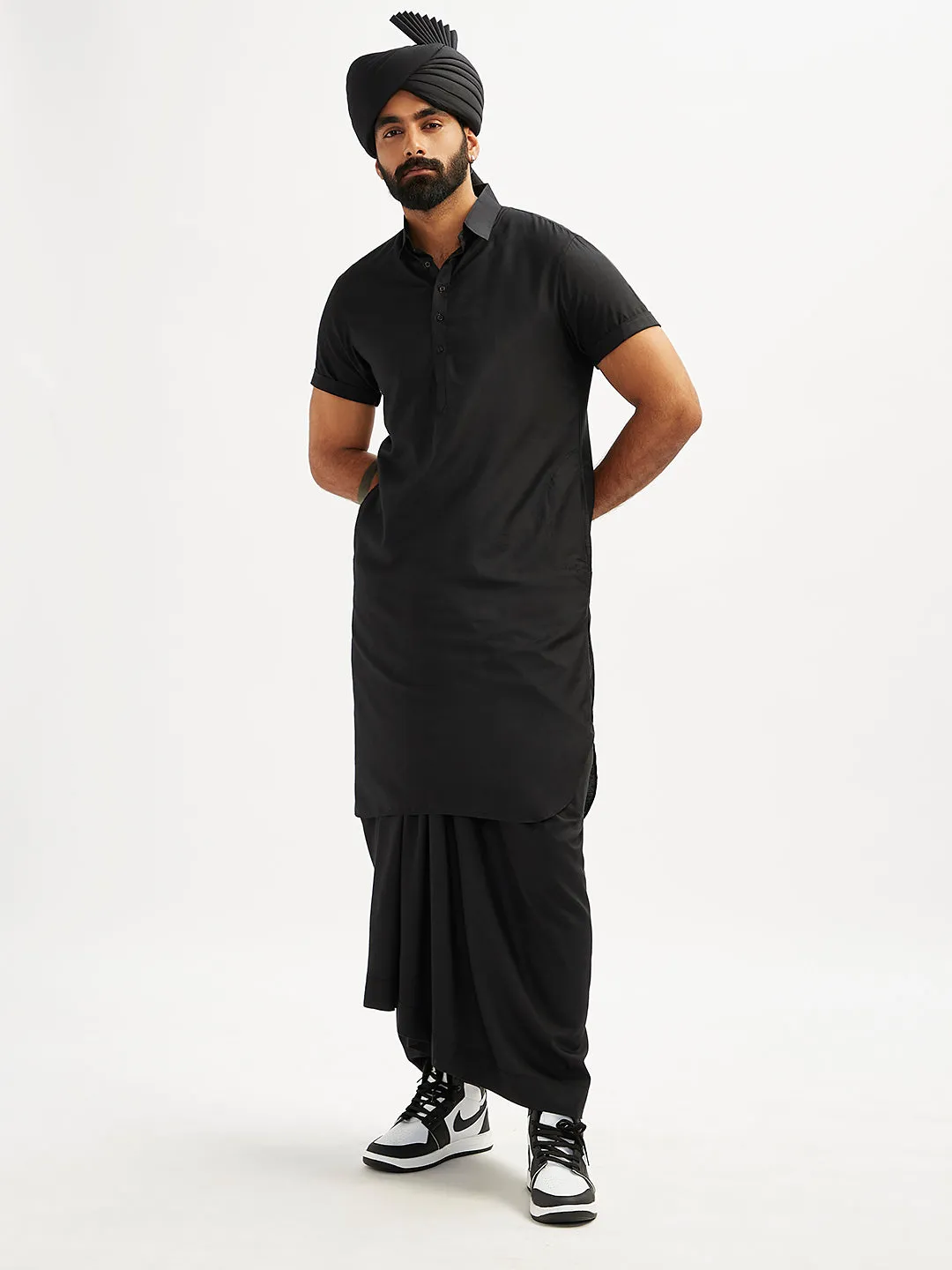 VASTRAMAY Men's Black Viscose Kurta, Lungi,Safa And Shacket Set