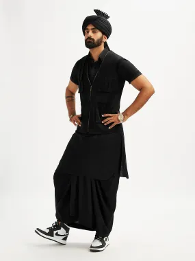 VASTRAMAY Men's Black Viscose Kurta, Lungi,Safa And Shacket Set