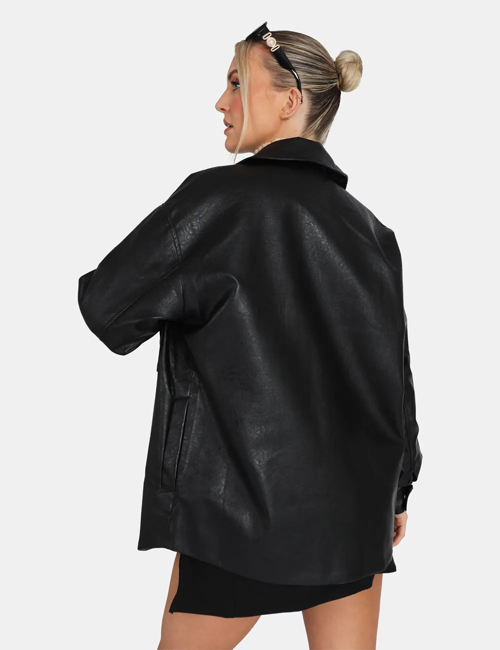 Vegan Leather Pocket Oversized Shacket Black