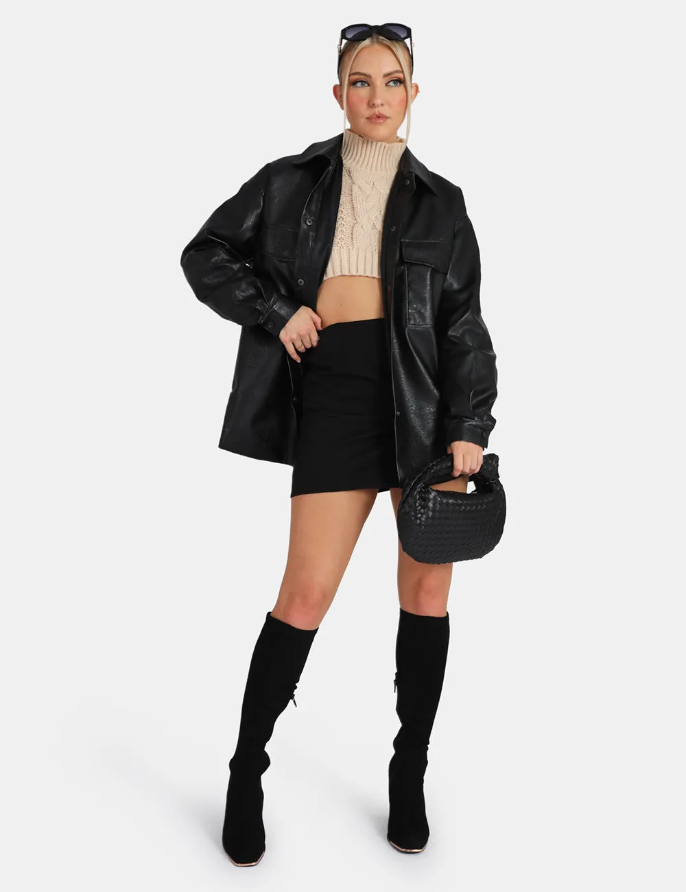 Vegan Leather Pocket Oversized Shacket Black