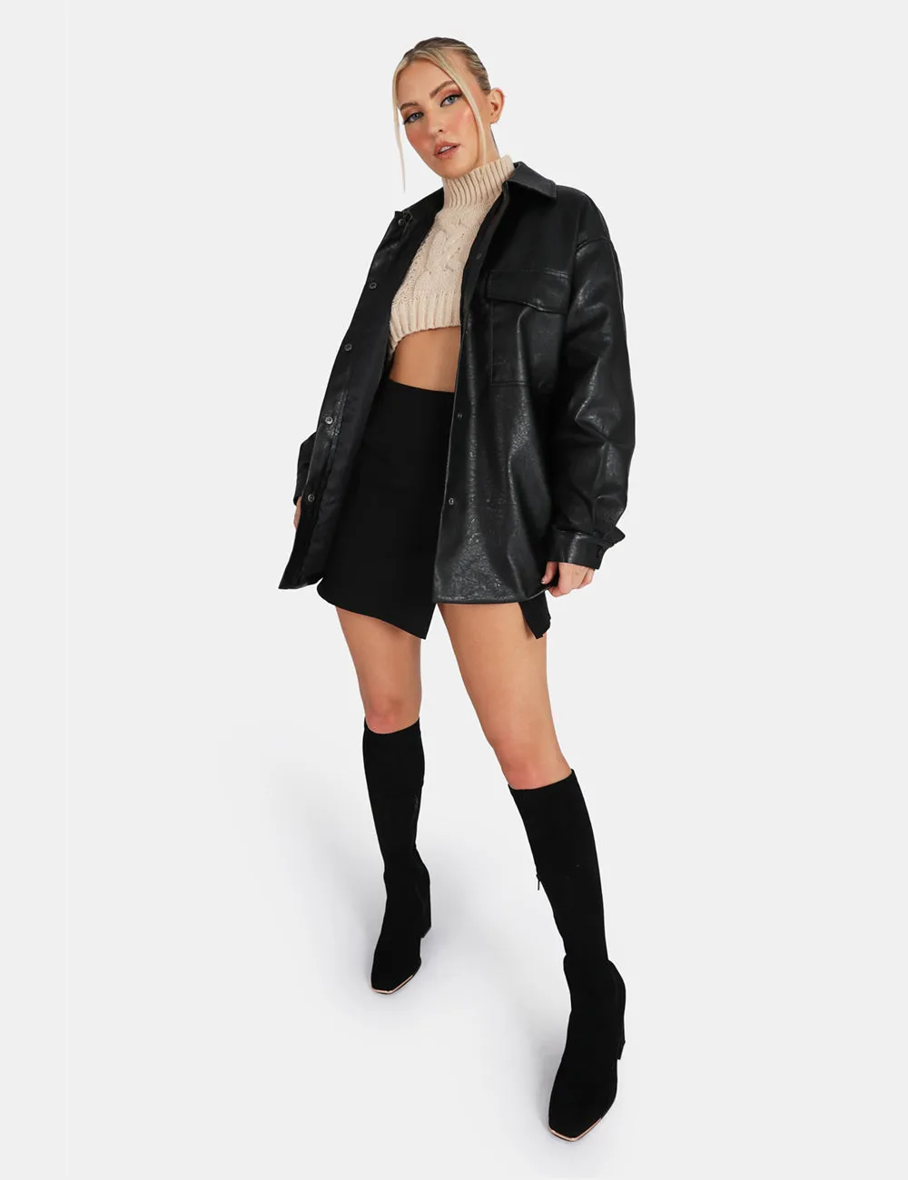 Vegan Leather Pocket Oversized Shacket Black