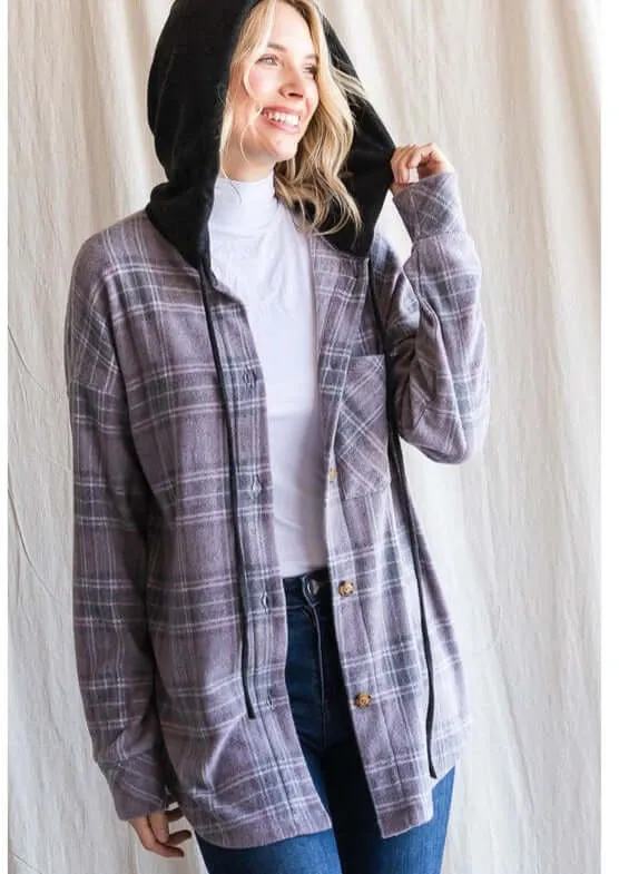 Vintage Charcoal Plaid Hoodie Shacket Made in USA