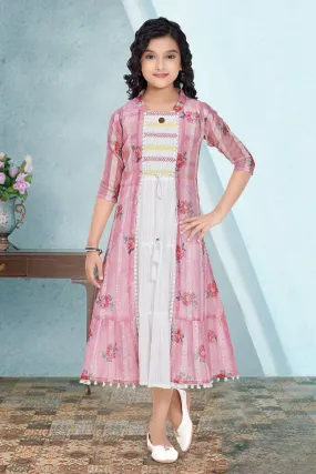 White with Pink Printed Overcoat Styled Calf Length Casual Kurti for Girls