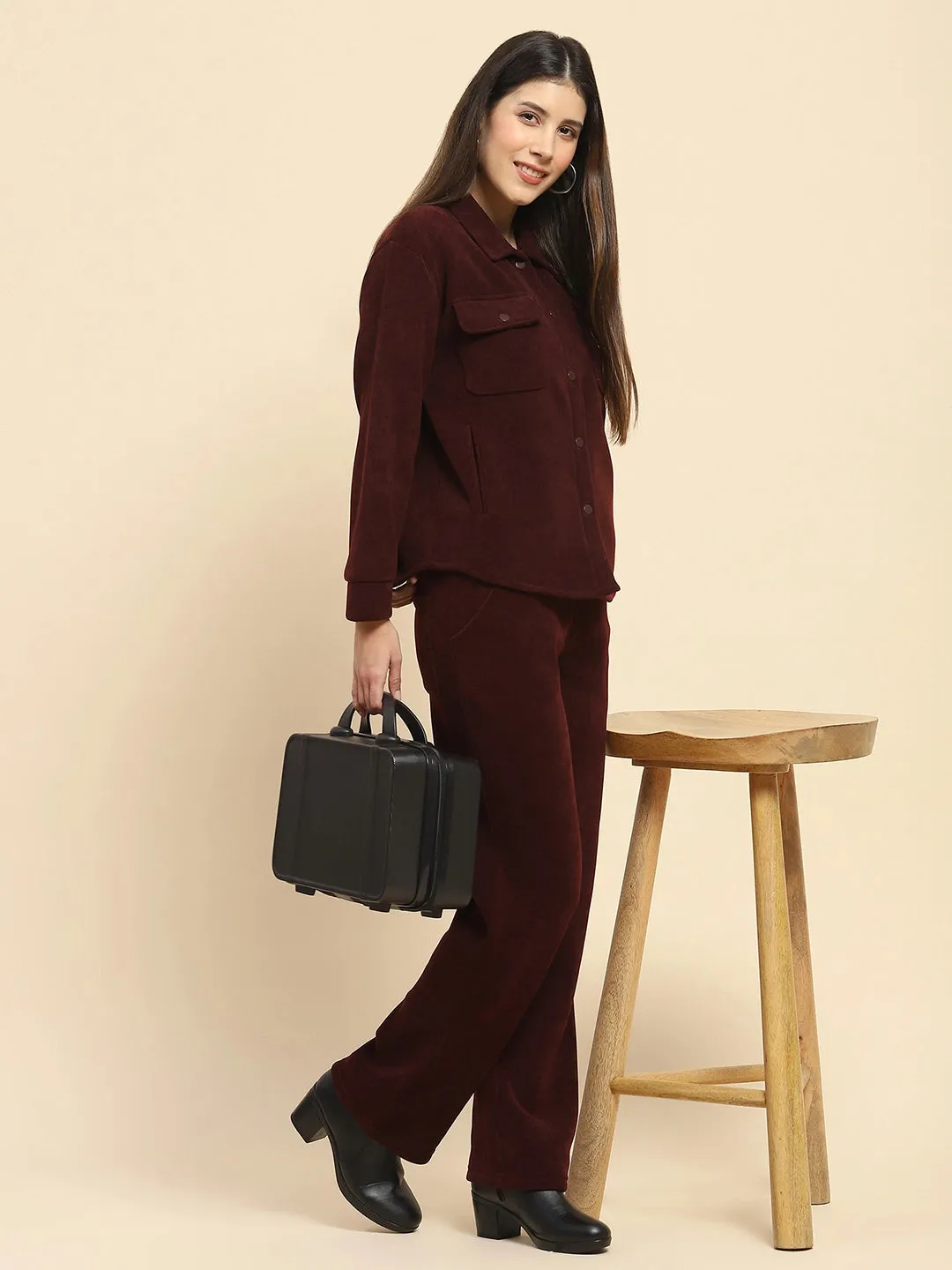 Wine Poly Blend Solid Relaxed Fit Co-Ord Sets