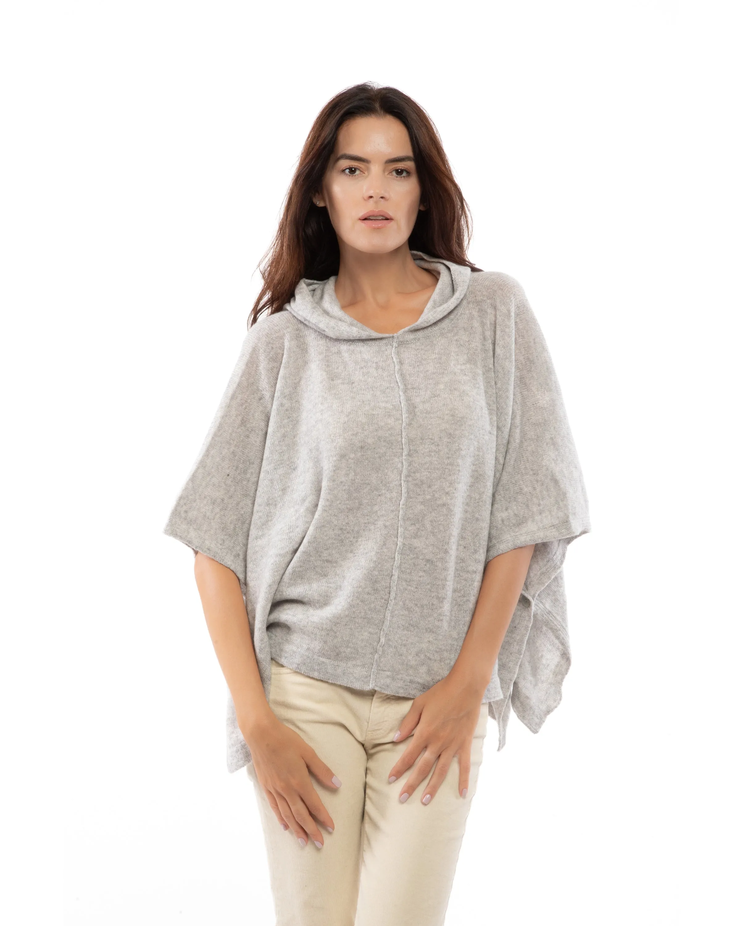 Womens's Cashmere Button Hoodie Poncho Light Gray