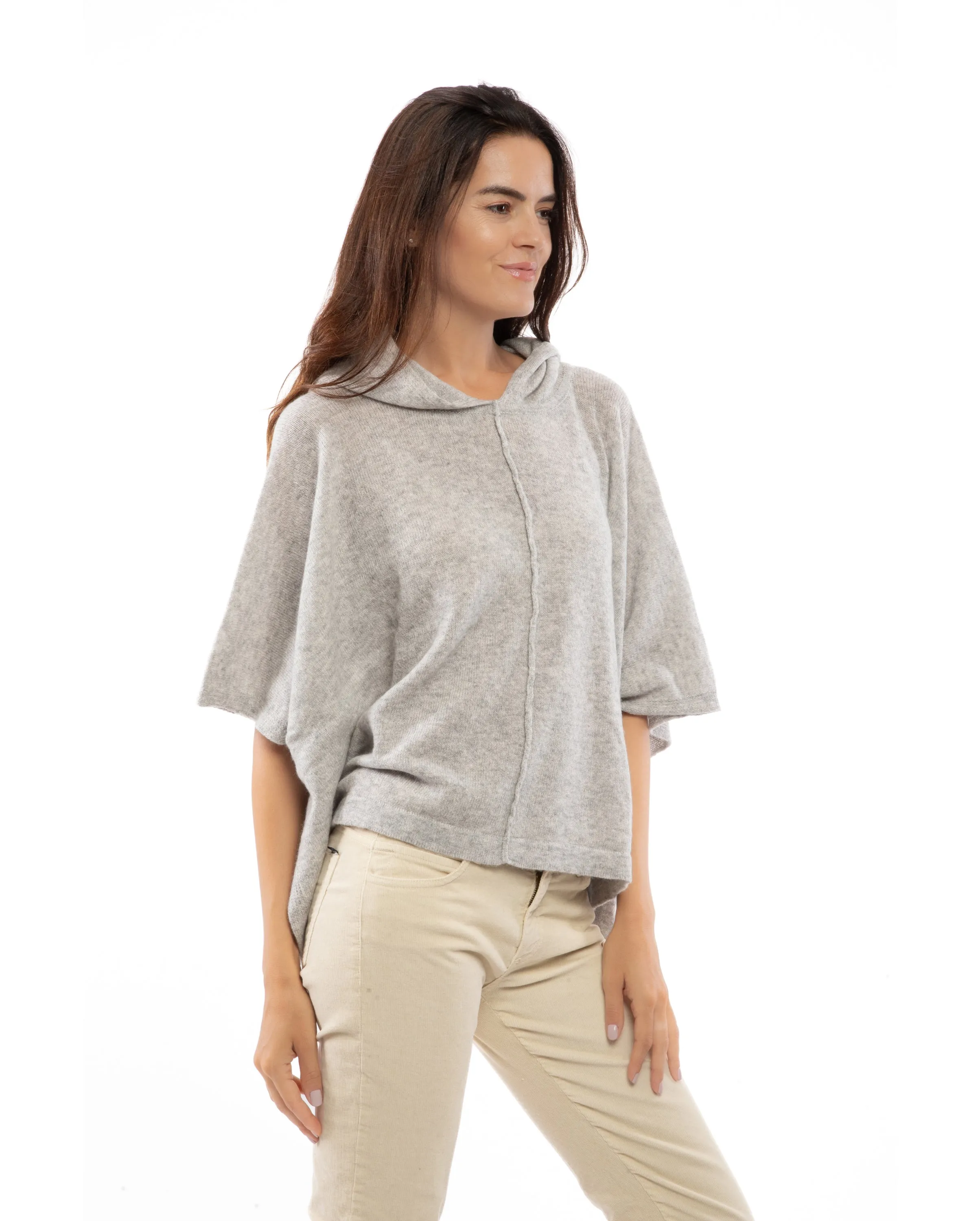 Womens's Cashmere Button Hoodie Poncho Light Gray