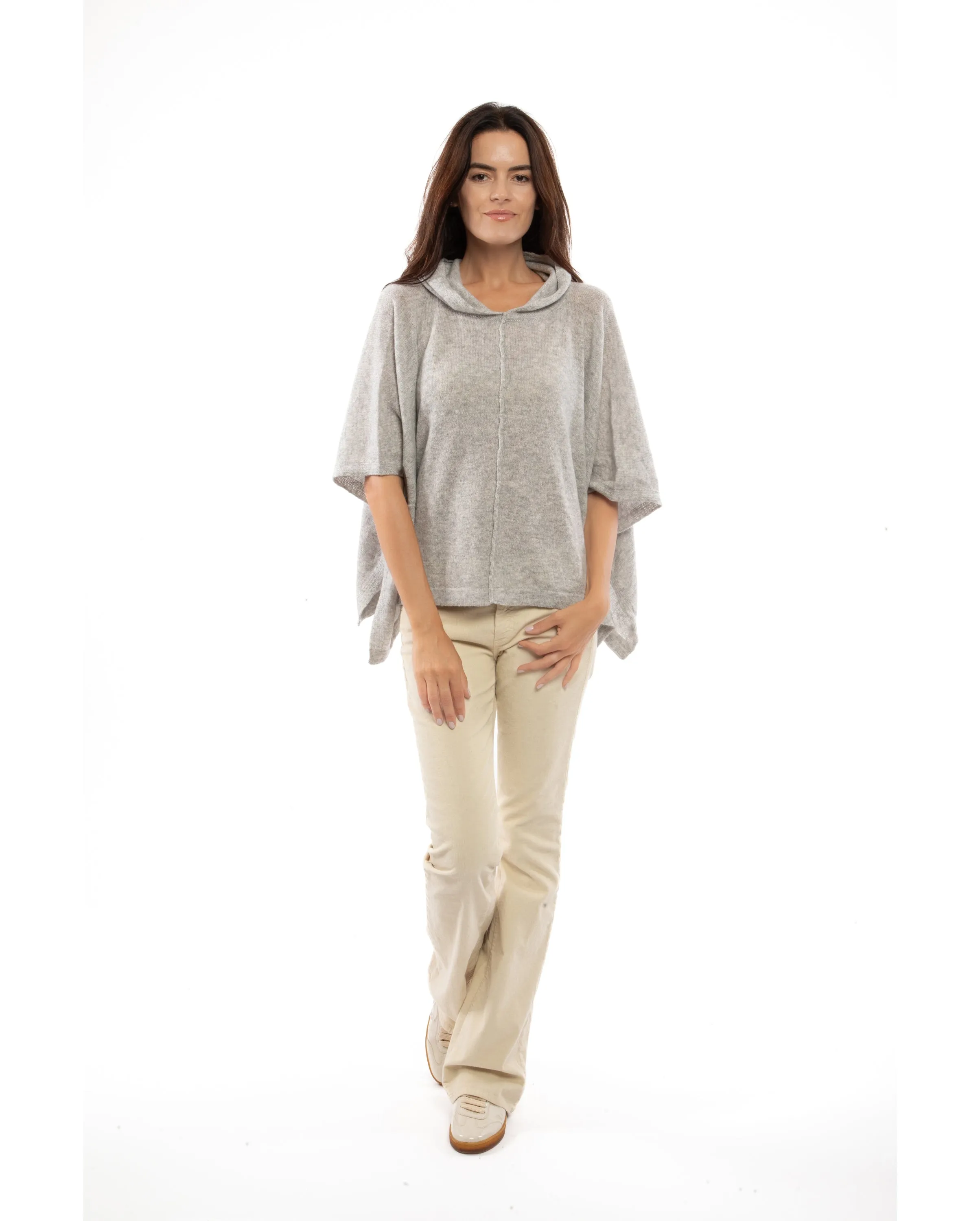 Womens's Cashmere Button Hoodie Poncho Light Gray