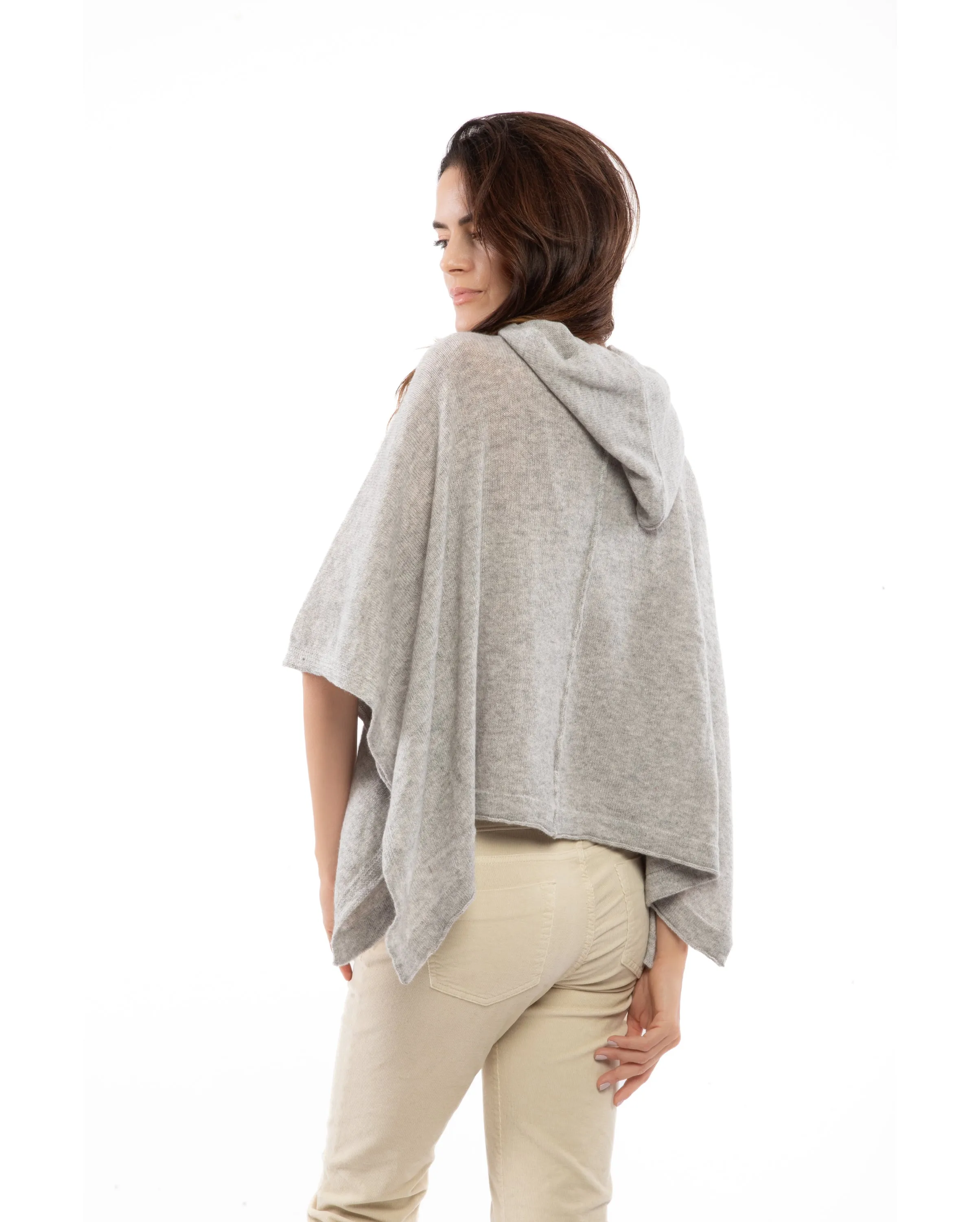 Womens's Cashmere Button Hoodie Poncho Light Gray