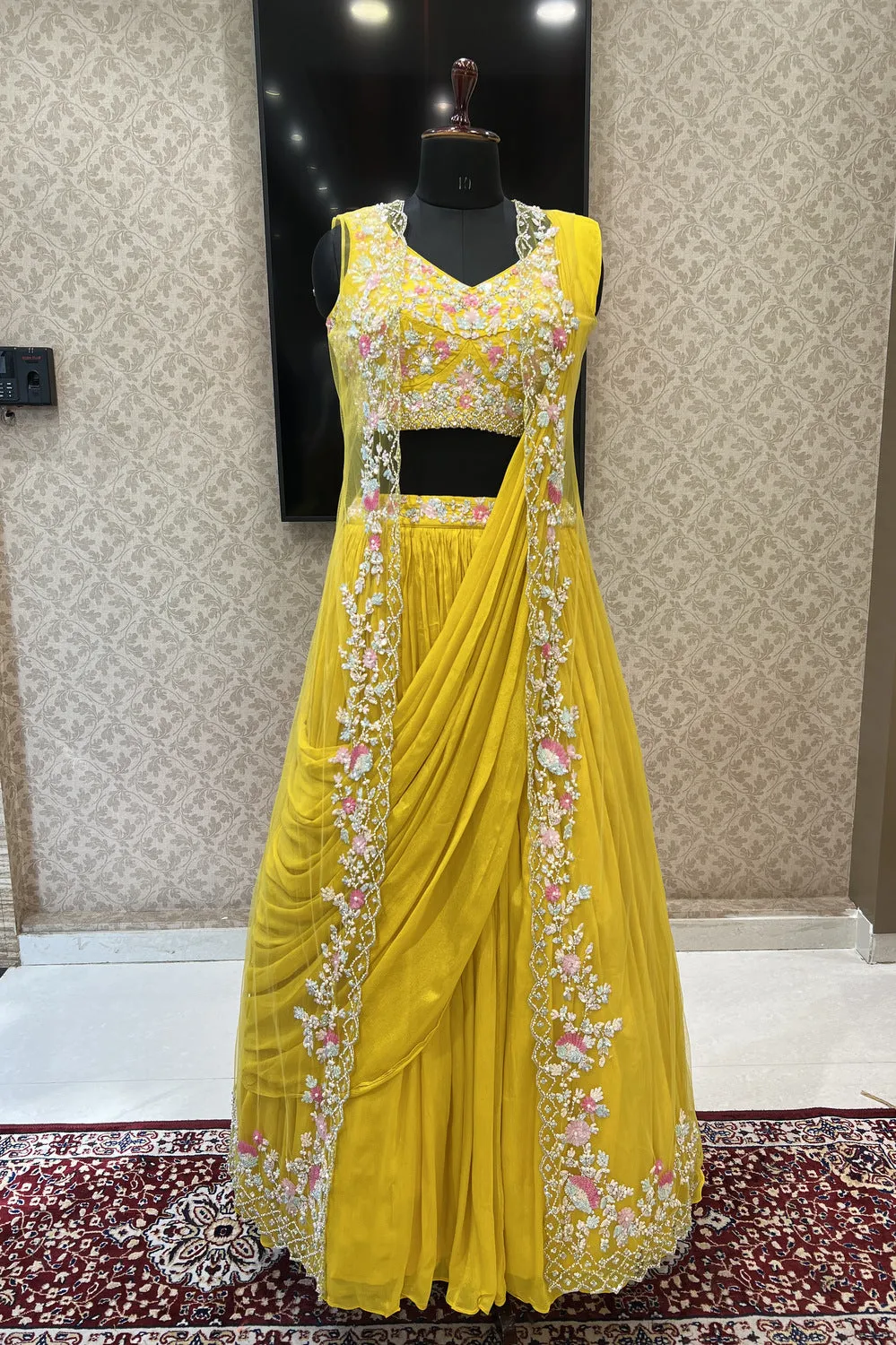 Yellow Sequins, Stone and Pearl work Indo-Western Styled Crop Top Lehenga  with Overcoat