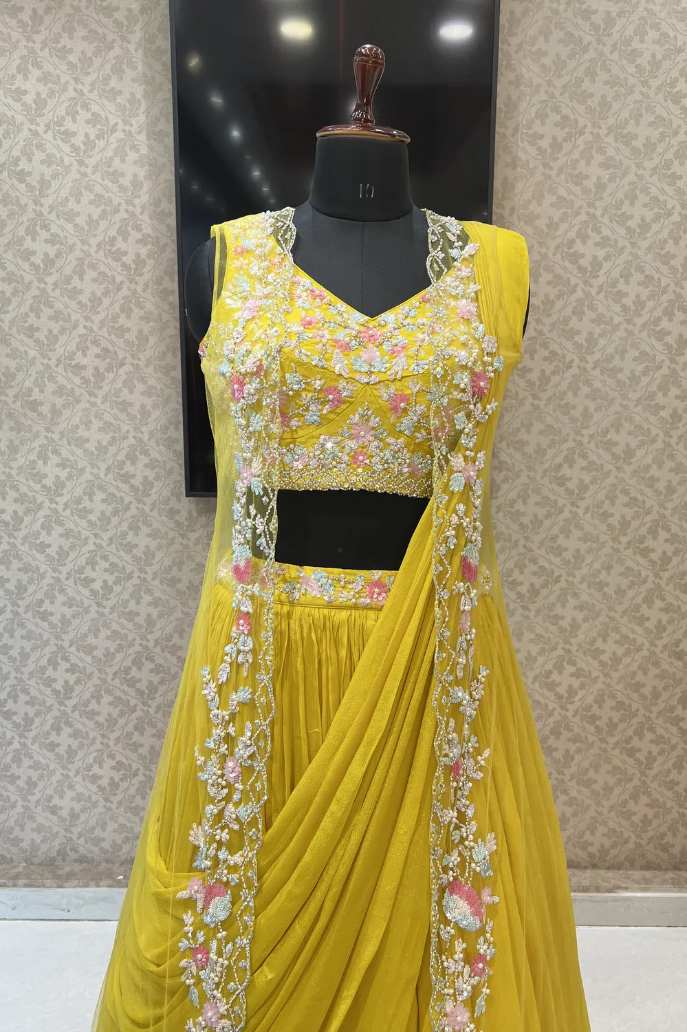 Yellow Sequins, Stone and Pearl work Indo-Western Styled Crop Top Lehenga  with Overcoat