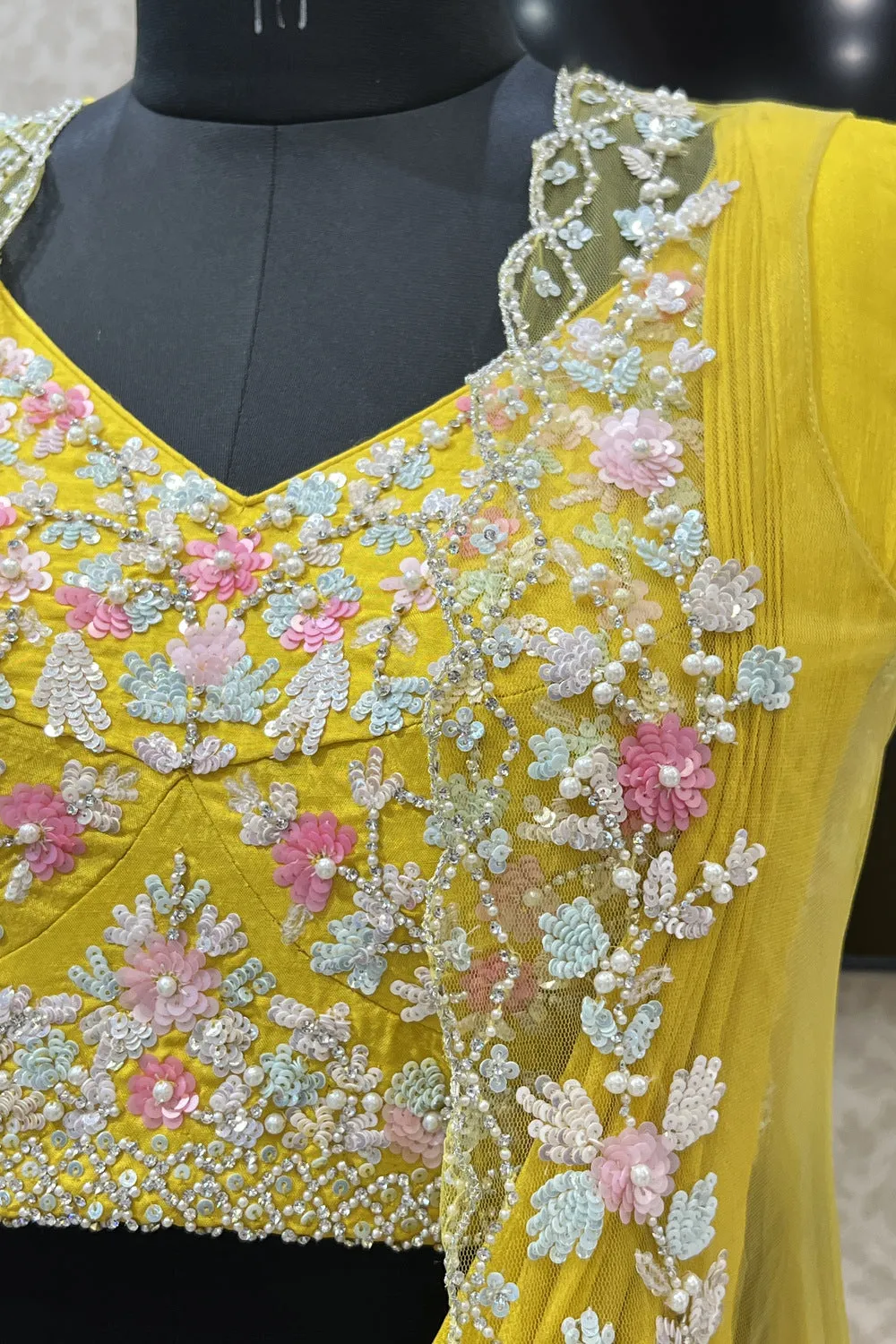 Yellow Sequins, Stone and Pearl work Indo-Western Styled Crop Top Lehenga  with Overcoat