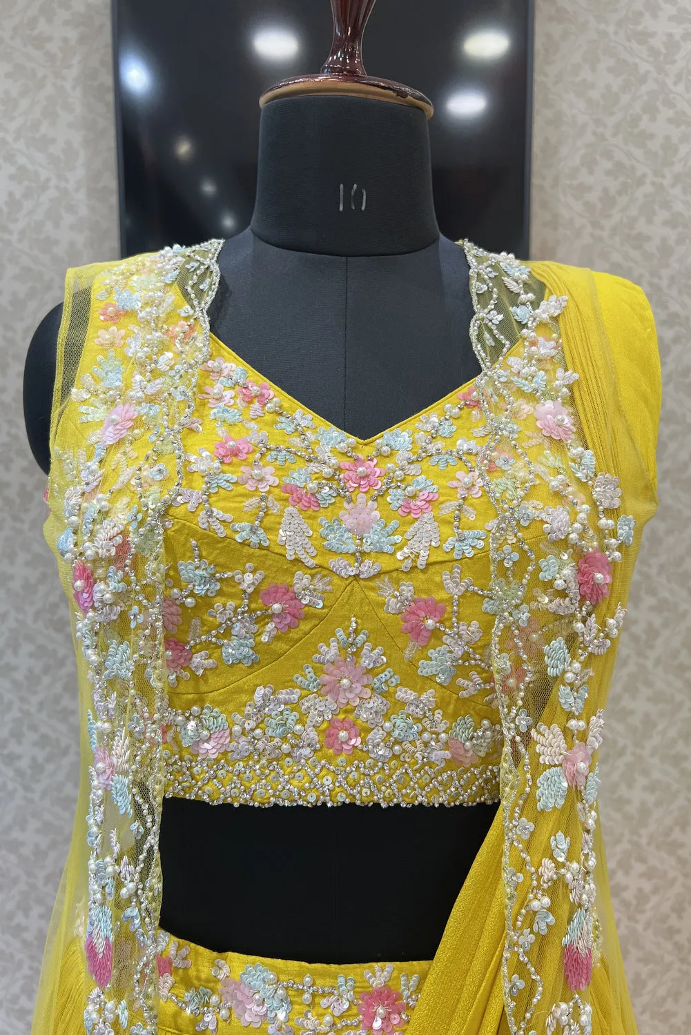 Yellow Sequins, Stone and Pearl work Indo-Western Styled Crop Top Lehenga  with Overcoat