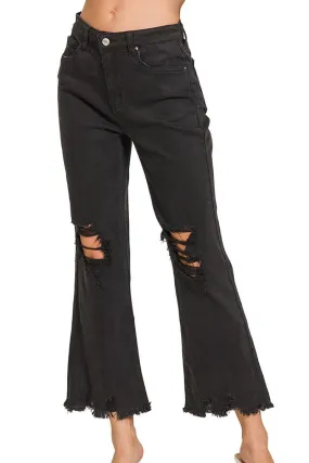 Zenana The Macie Black High Waist Distressed Straight Pants